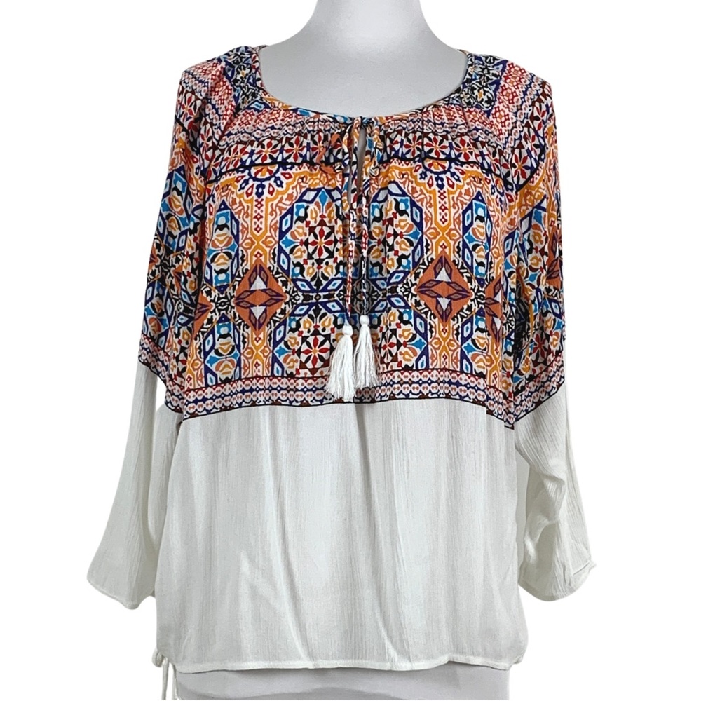John Paul Richard Boho Peasant Fiesta Trendy Blouson Sleeve Top Blouse Medium